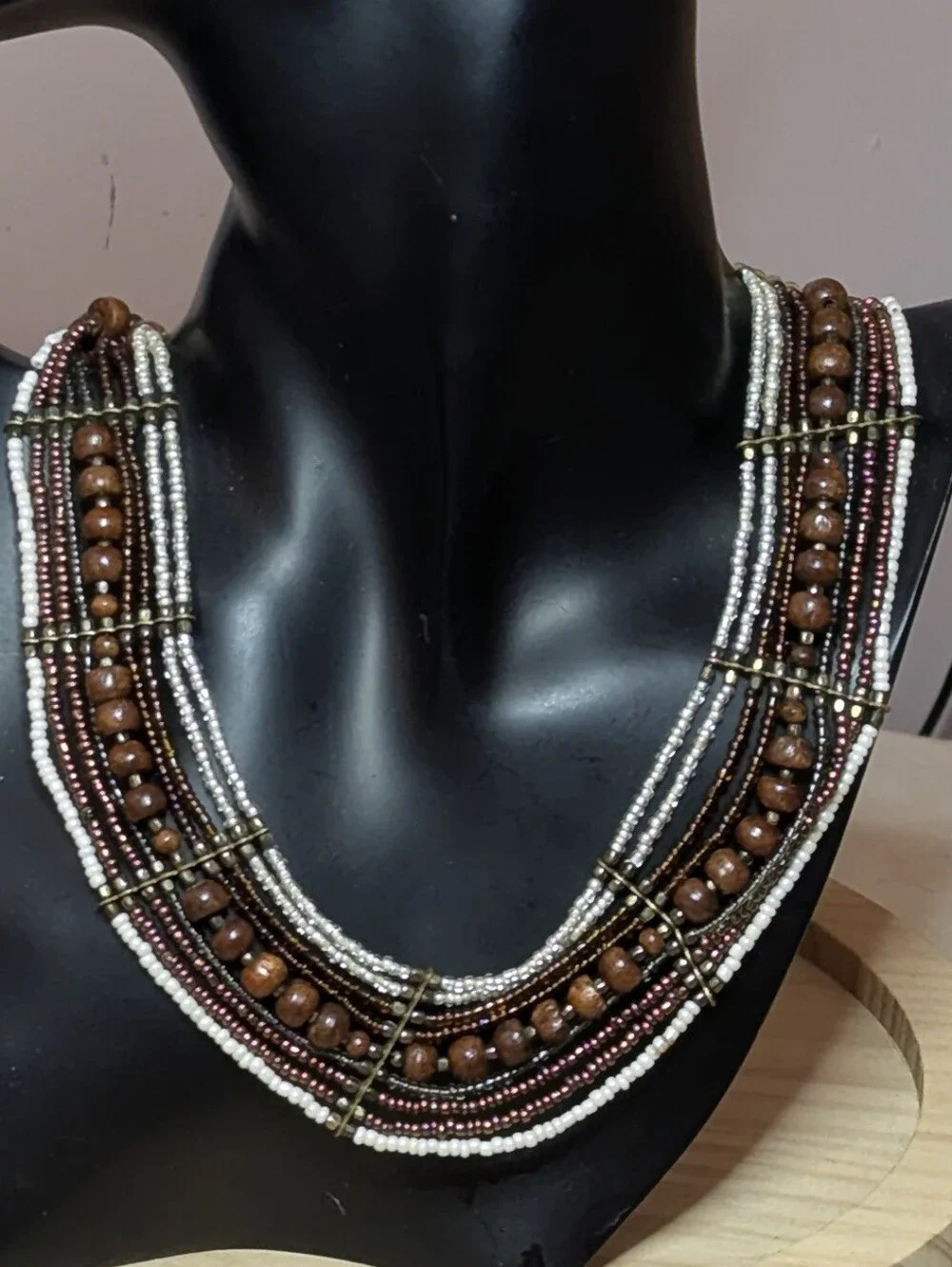Multi-Strand Earthy Boho Collar Necklace – Wood & Seed Beads | Antique Brass